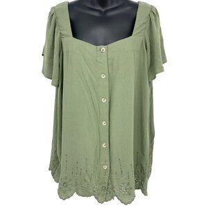 Torrid Women Plus 1 1X Blouse Green Button-Up Top Short Sleeve Square Nec New
